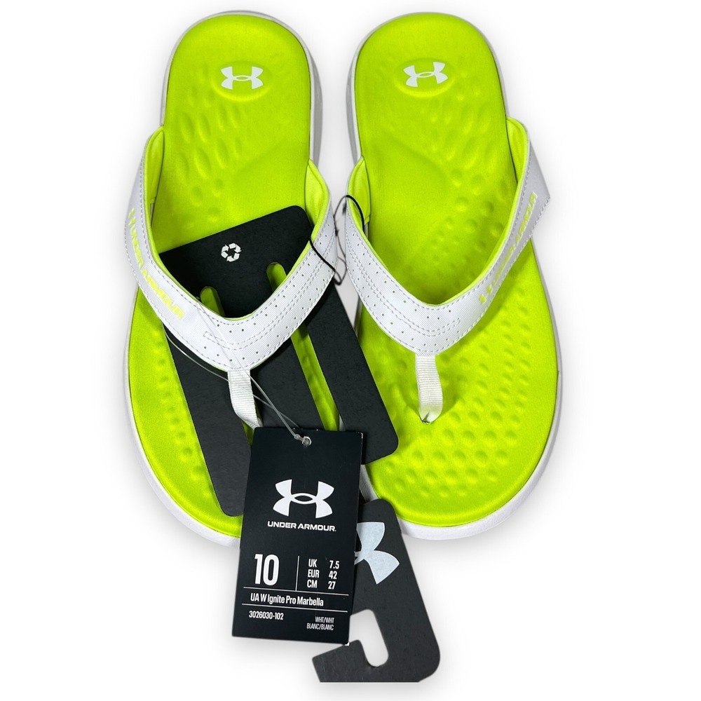 Under Armour  Ignite‎ Pro Marbella Womens 10 White Neon Green Flip Flop Sandals